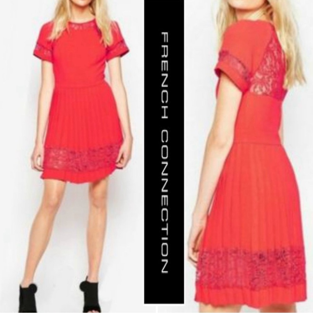 French Connection Red ‘Arrow’ Lace Pleated Dress size 4 - Picture 3 of 5
